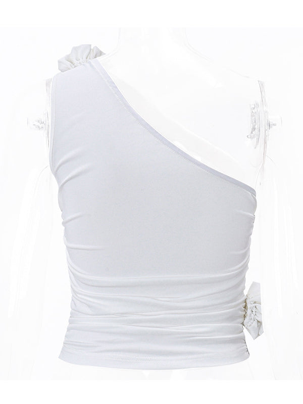Asymmetric Pleated Solid Color Three-Dimensional Flower Skinny Sleeveless One-Shoulder Vest Top