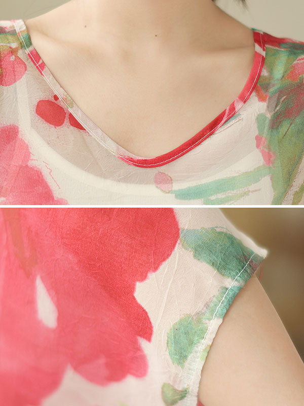 Floral Printed Loose Short Sleeves Round-neck T-shirts