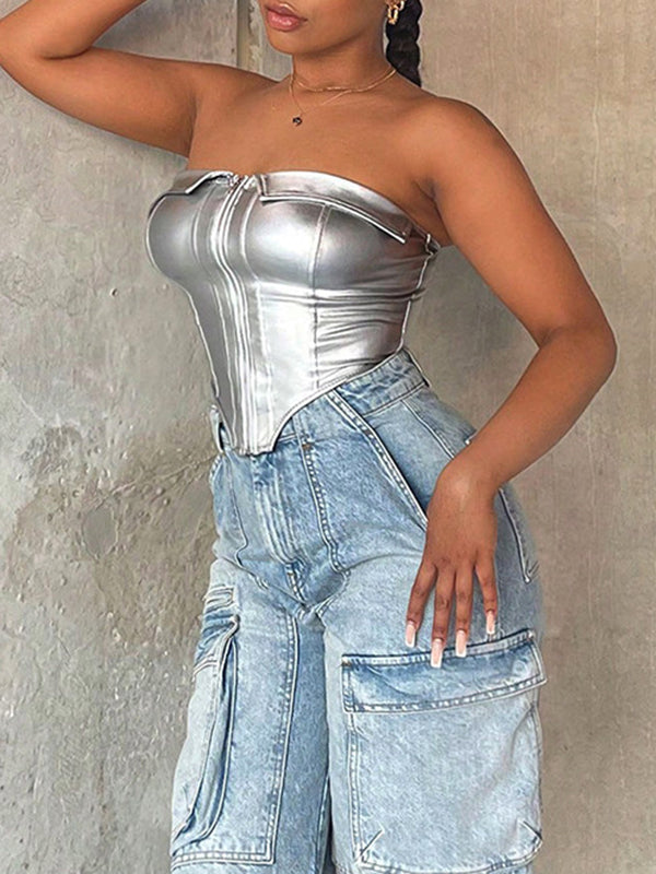 Solid Color Split-Joint Zipper Skinny Sleeveless Tube Vest Top
