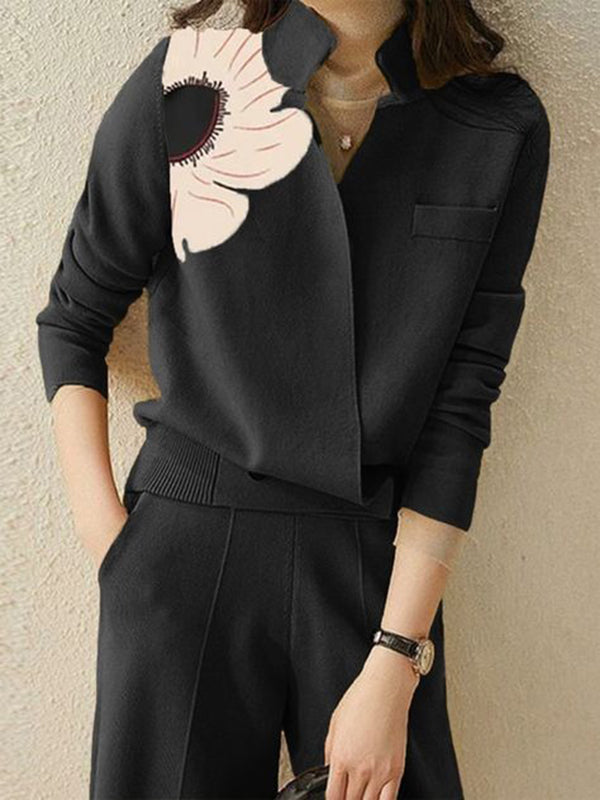 Asymmetric Floral Printed Split-Joint Long Sleeves Loose Lapel Cardigan Tops