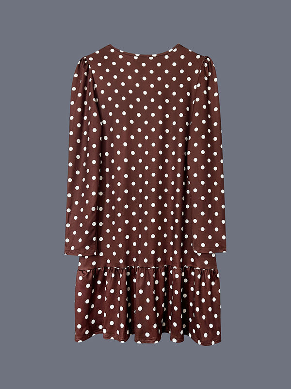 Contrast Color Pleated Polka-Dot Split-Joint A-Line Long Sleeves Round-Neck Midi Dresses