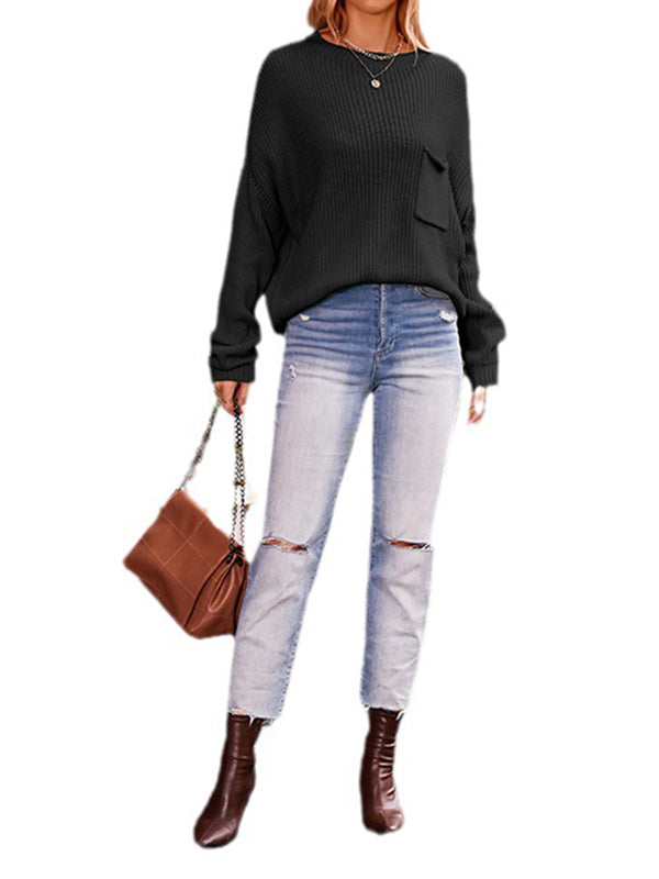 Hollow Pockets Solid Color Batwing Sleeves Long Sleeves Round-Neck Sweater Tops Pullovers Knitwear