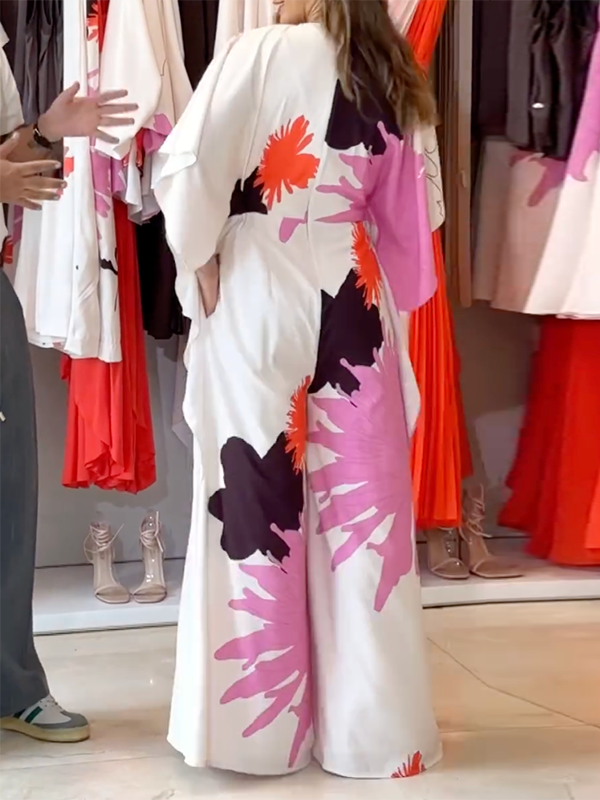 Printed Loose Wide Leg V-neck Jumpsuits