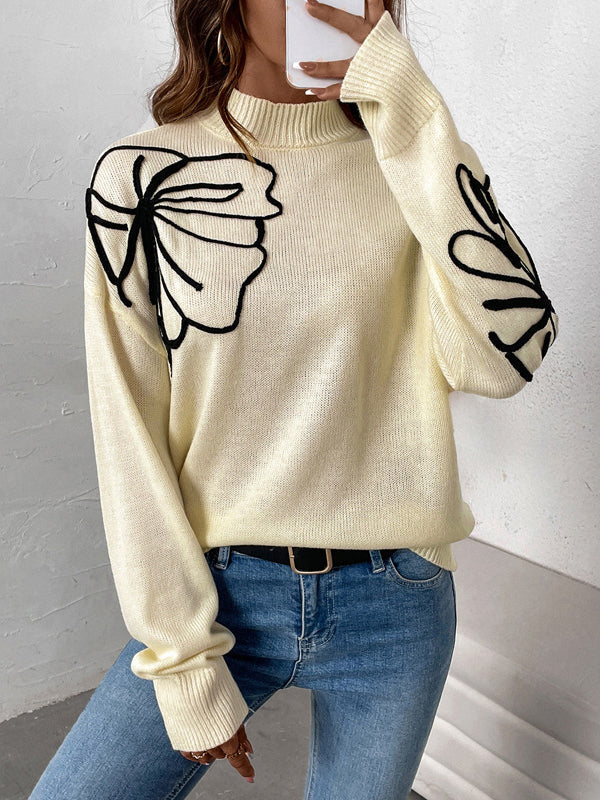 Flower Shape Split-Joint Long Sleeves Loose High Neck Sweater Tops