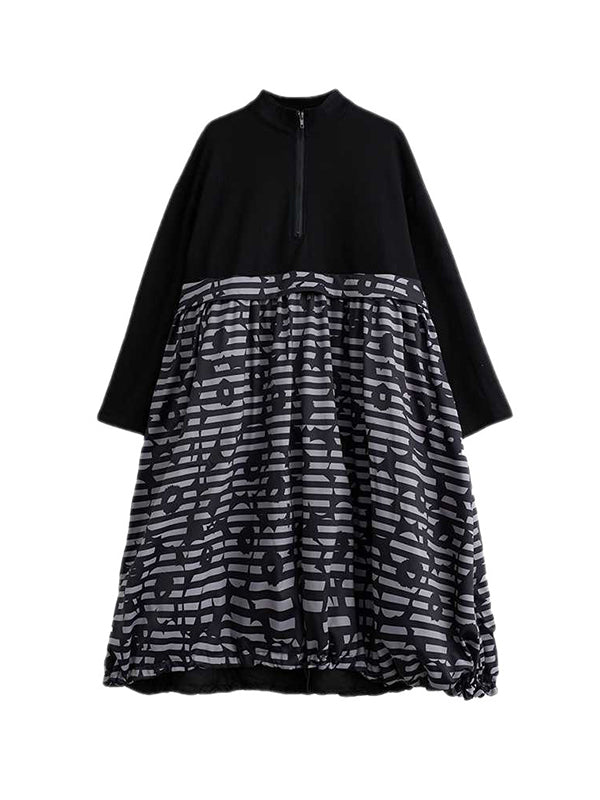 Drawstring Printed Split-Joint Zipper Long Sleeves Loose Midi Dresses