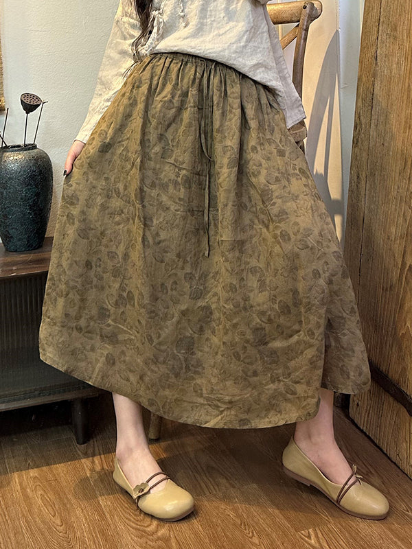 Drawstring Elasticity Floral Printed Loose Skirts