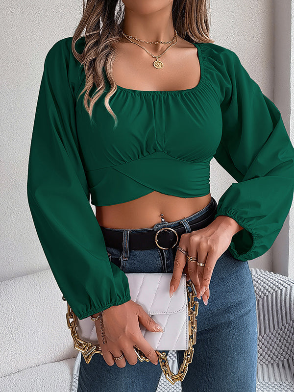 Elasticity Pleated Solid Color Split-Joint Long Sleeves Puff Sleeves Square-Neck Blouses&Shirts Tops