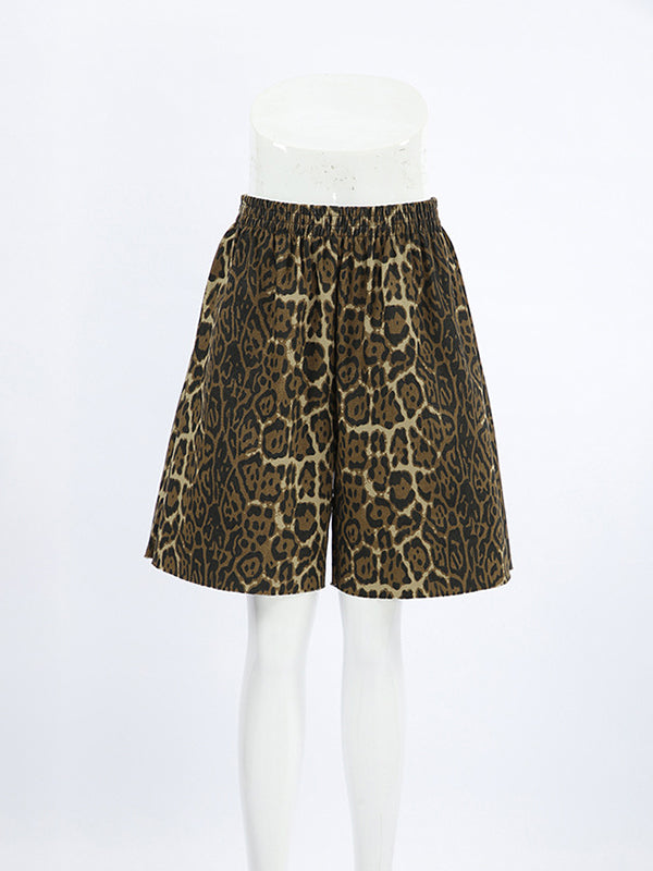 Elasticity Leopard Pockets Split-Joint Zipper High Waisted Loose Shorts Bottoms
