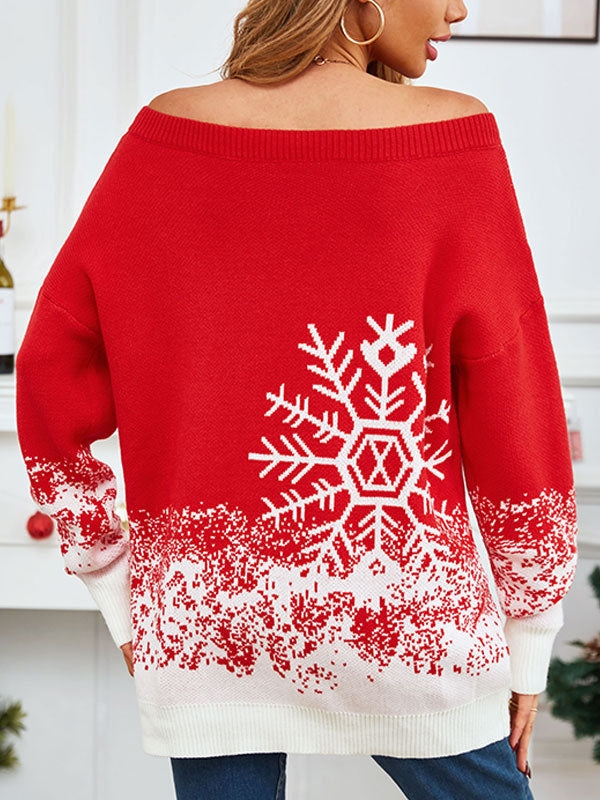 Jacquard Velvet Long Sleeves Loose Off-The-Shoulder Sweater Tops Pullovers
