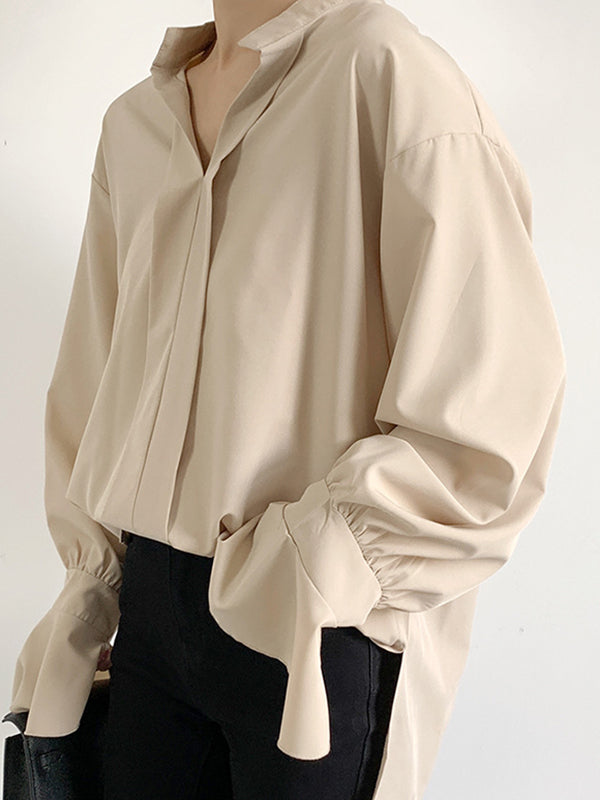 Solid Color Flared Sleeves High-low V-neck Blouses&shirts Tops