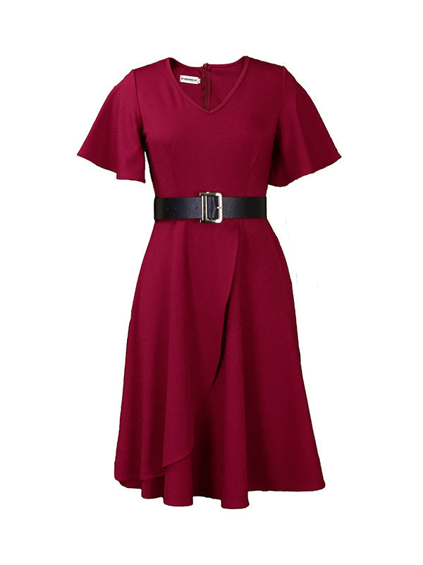 Belted Solid Color Irregular clipping Plus Size Round-neck Midi Dresses