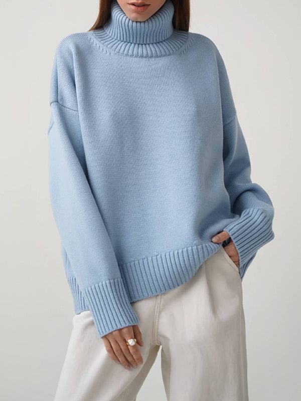Solid Color Split-Joint High-Low Long Sleeves High Neck Sweater Tops