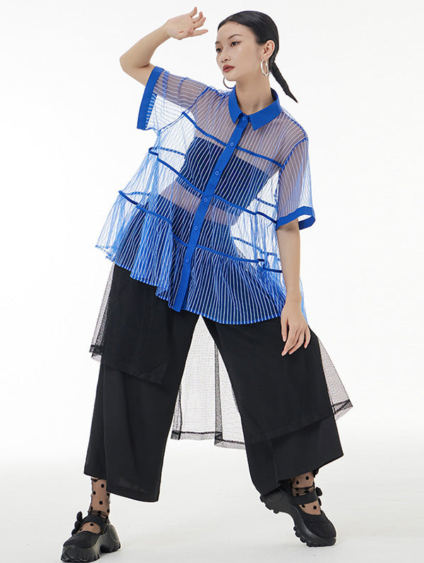 Original Short Sleeves Loose Buttoned Mesh Pleated Solid Color Blouses&Shirts Tops