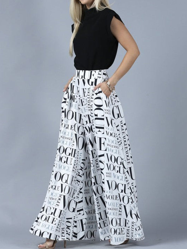 High-Waisted Letter Print Split-Joint Loose Wide Leg Trousers Pants