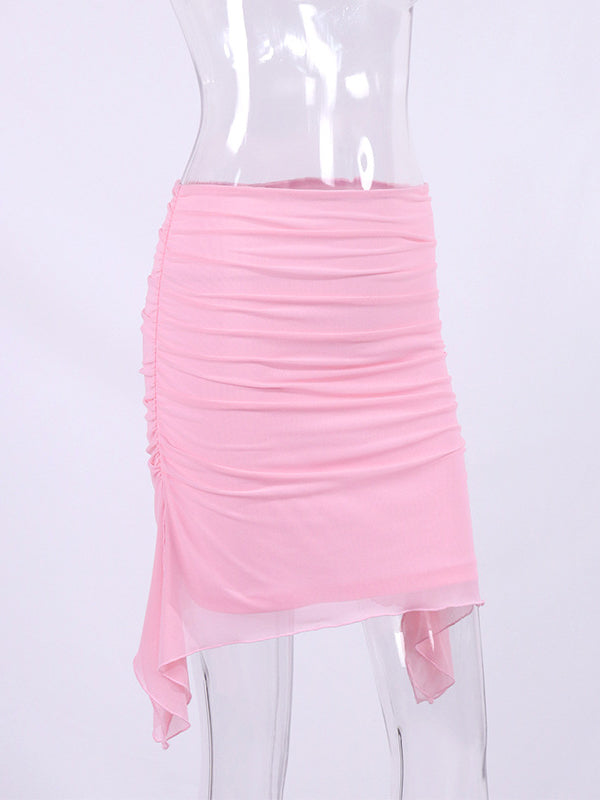 Mesh Pleated Solid Color Split-Joint Bodycon High Waisted Skirts Bottoms