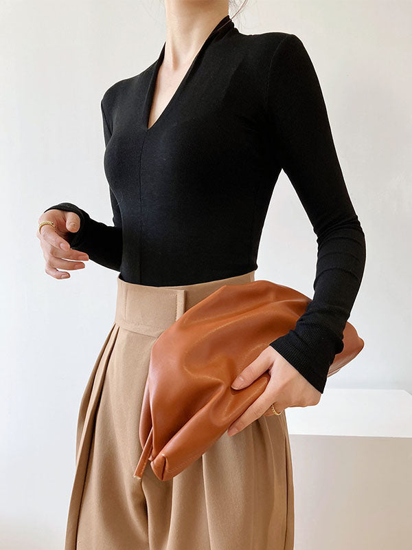 Solid Color Long Sleeves Skinny V-Neck T-Shirts Tops
