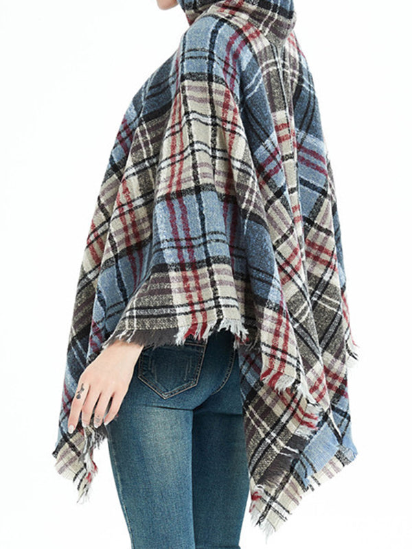Fringed Hooded Keep Warm Plaid Shawl&Cloak Cape
