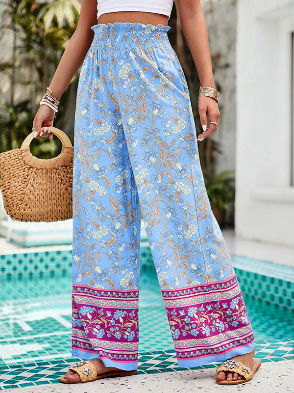 Elasticity Flower Print Pleated Pockets High Waisted Loose Trousers Pants