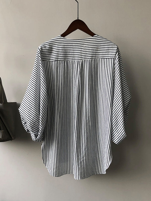 Trendy Tops Three-Quarter Sleeves Batwing Sleeves Striped Round-Neck Blouses