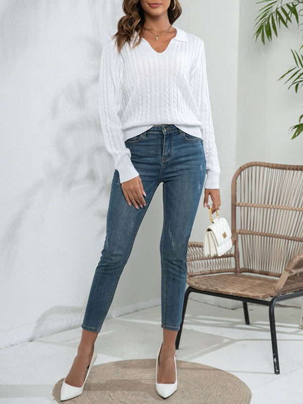 Solid Color Split-Joint Long Sleeves Loose Lapel Sweater Tops