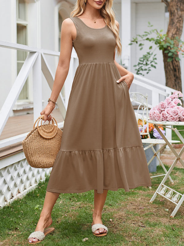 Pleated Pockets Solid Color Split-Joint A-Line Loose Round-Neck Midi Dresses