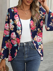 Flower Print Flared Sleeves Long Sleeves Collarless Outerwear