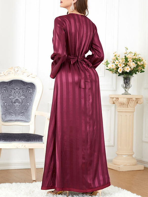 Split-Front Split-Joint Striped Tied Waist A-Line Long Sleeves Maxi Dresses