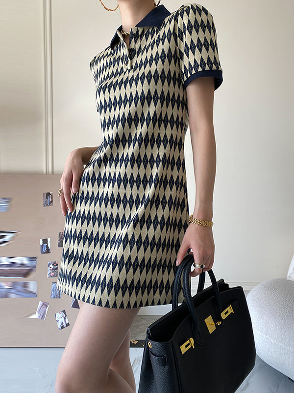 Original Plaid Knitting Lapel Collar Short Sleeves Mini Dress