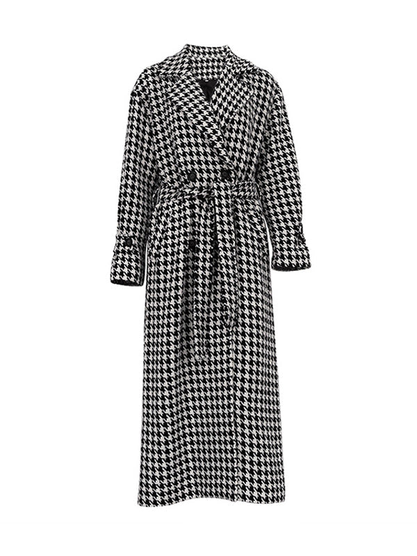 Houndstooth Split-back Split-Joint Tied Waist Long Sleeves Loose Lapel Trench Coats