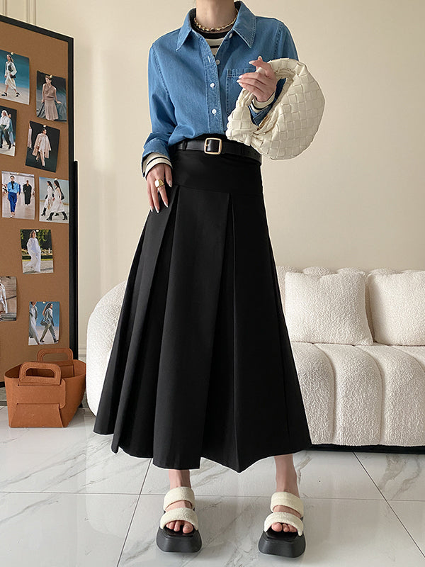 Pleated Solid Color Split-Joint A-Line High Waisted Skirts Bottoms