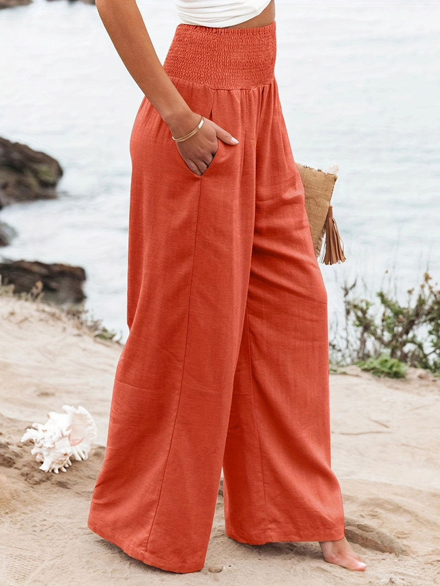Pleated Pockets Solid Color Split-Joint Elasticated Waist High Waisted Pants