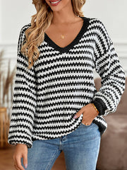 Striped Long Sleeves Loose V-Neck Sweater Tops Pullovers