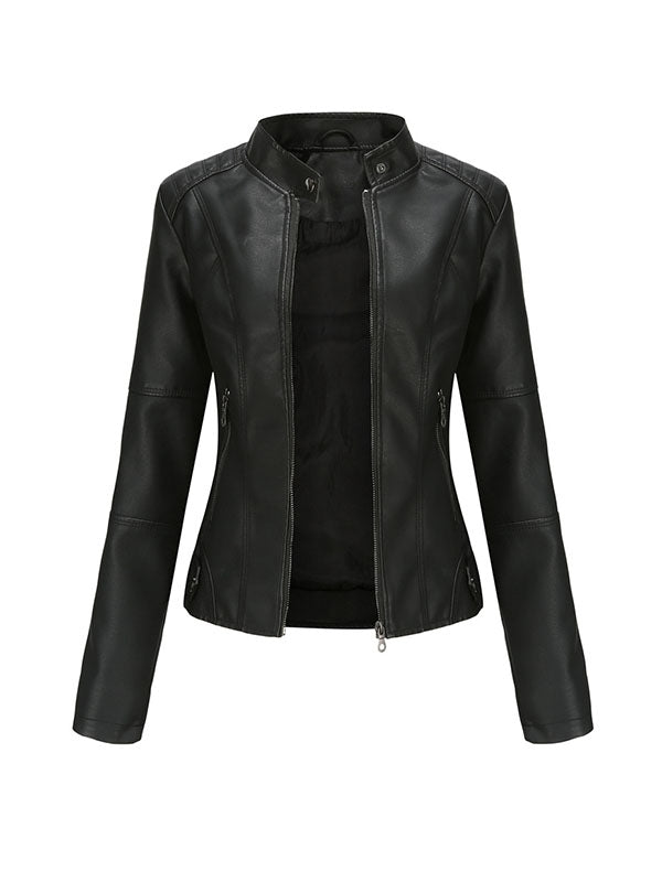 Buttoned Pockets Zipper Long Sleeves Plus Size Stand Collar Outerwear Jackets