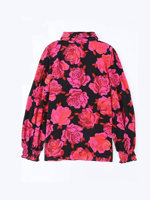 Buttoned Elasticity Flower Print Long Sleeves Loose Lapel Blouses&Shirts Tops