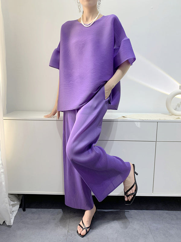 Elastics Pleated Solid Color Short Sleeves Wide Leg Round-neck Two Pieces Set