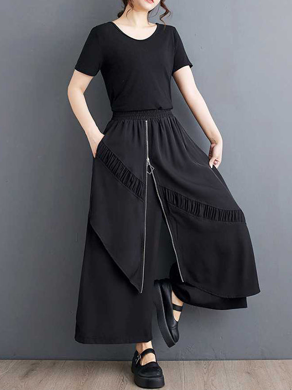 Elasticity Pleated Pockets Split-Joint Zipper High Waisted Loose Pants Culotte