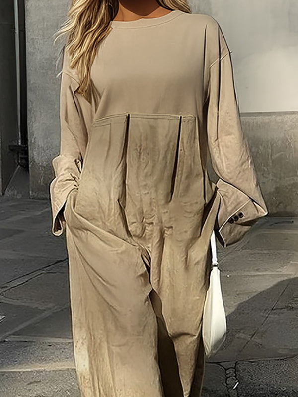 Pleated Pockets Split-Joint Long Sleeves Loose Round-Neck Jumpsuits