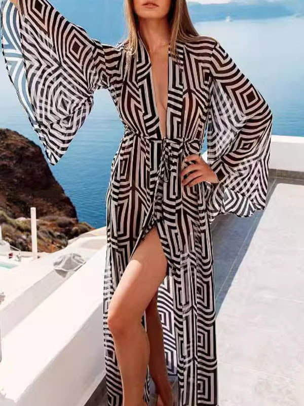 Lace-Up See-Through Split-Joint Flared Sleeves Loose Deep V-Neck Cover-Up
