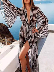 Lace-Up See-Through Split-Joint Flared Sleeves Loose Deep V-Neck Cover-Up