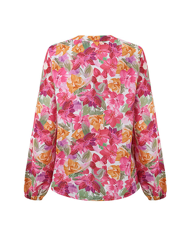 Elasticity Flower Print Long Sleeves Loose V-Neck Blouses&Shirts Tops