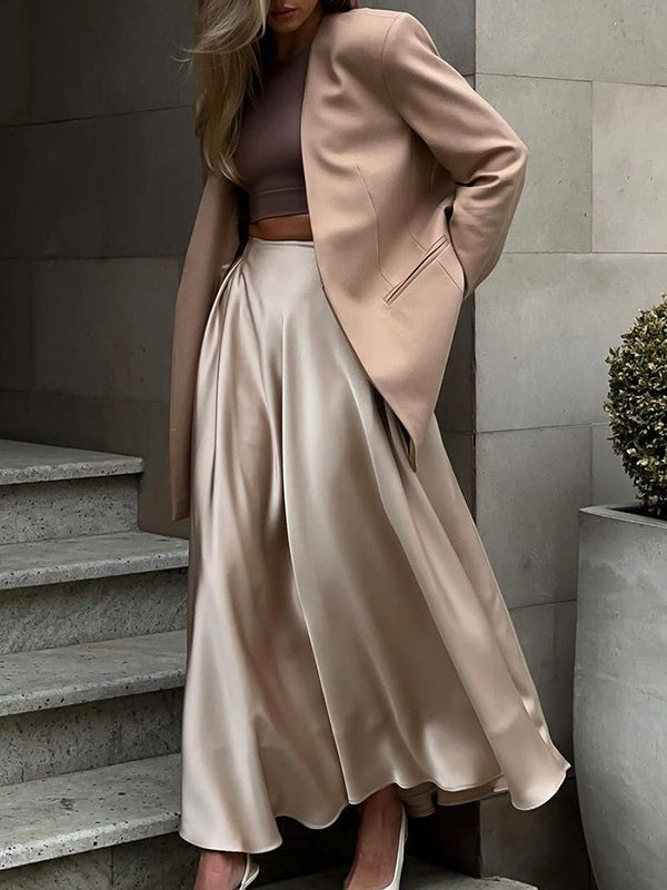 Elasticity Pleated Solid Color A-line High Waisted Skirts