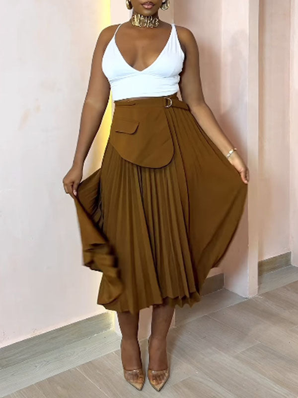 Asymmetric Pleated Solid Color Split-Joint A-Line High Waisted Skirts Bottoms