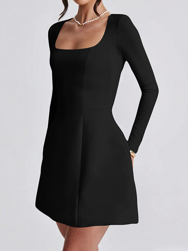 Solid Color Zipper A-Line Bodycon Square-Neck Mini Dresses