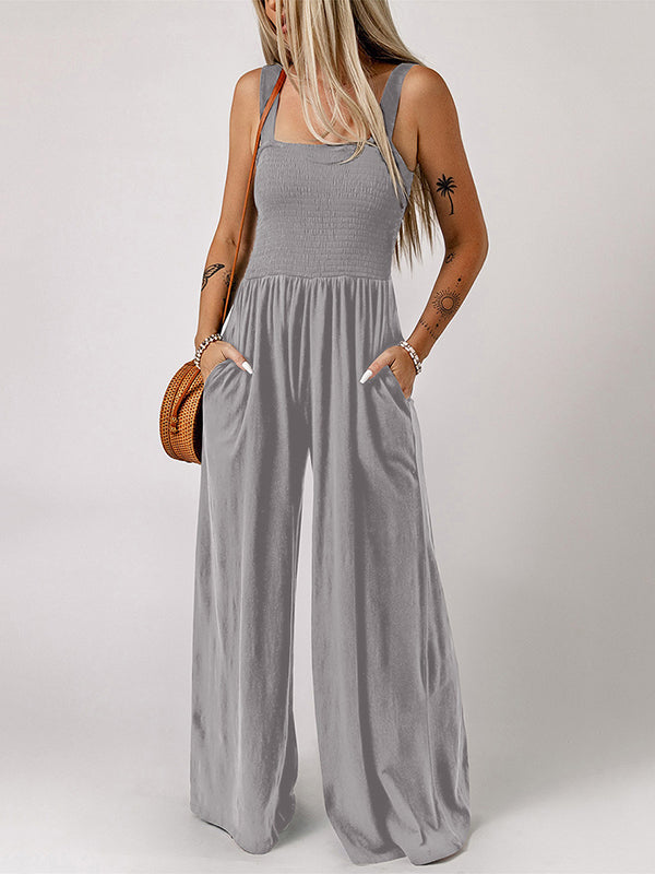 Pleated Solid Color Sleeveless Wide Leg Square-Neck Jumpsuits