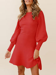 Solid Color Puff Sleeves Wrap Round-Neck Sweater Dress
