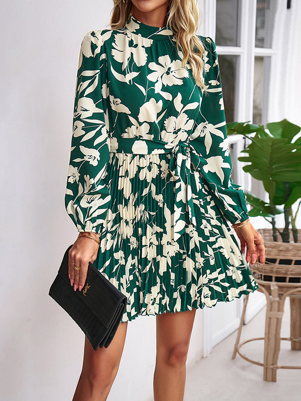 Flower Print Pleated Tied Waist High Waisted Long Sleeves Mock Neck Mini Dresses