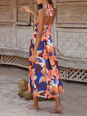 Flower Print Hollow Split-Joint A-Line Loose Halter-Neck Midi Dresses