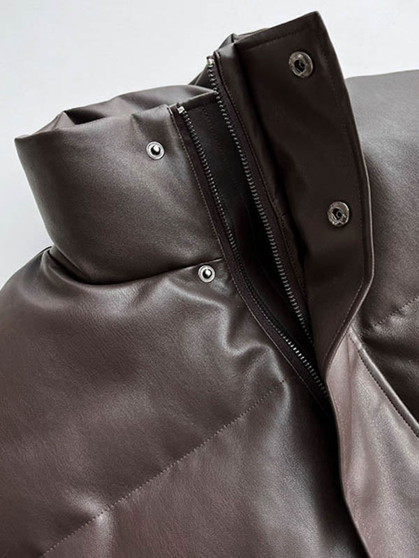 Split-Joint Zipper Loose Puff Sleeves Stand Collar Down Coat