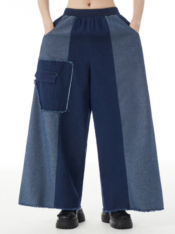 Contrast Color Elasticity Fringed Split-Joint High Waisted Loose Jean Pants Bottoms