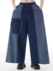 Contrast Color Elasticity Fringed Split-Joint High Waisted Loose Jean Pants Bottoms